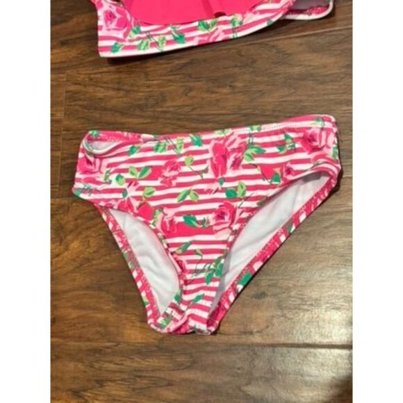 NWT Betsey Johnson 2-Piece Pink white Ruffle Bikini Set Floral Stripe Print 2T - Picture 2 of 6